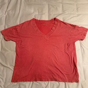 Aerie Coral V-Neck Distressed Oversized Short Sleeve Tee